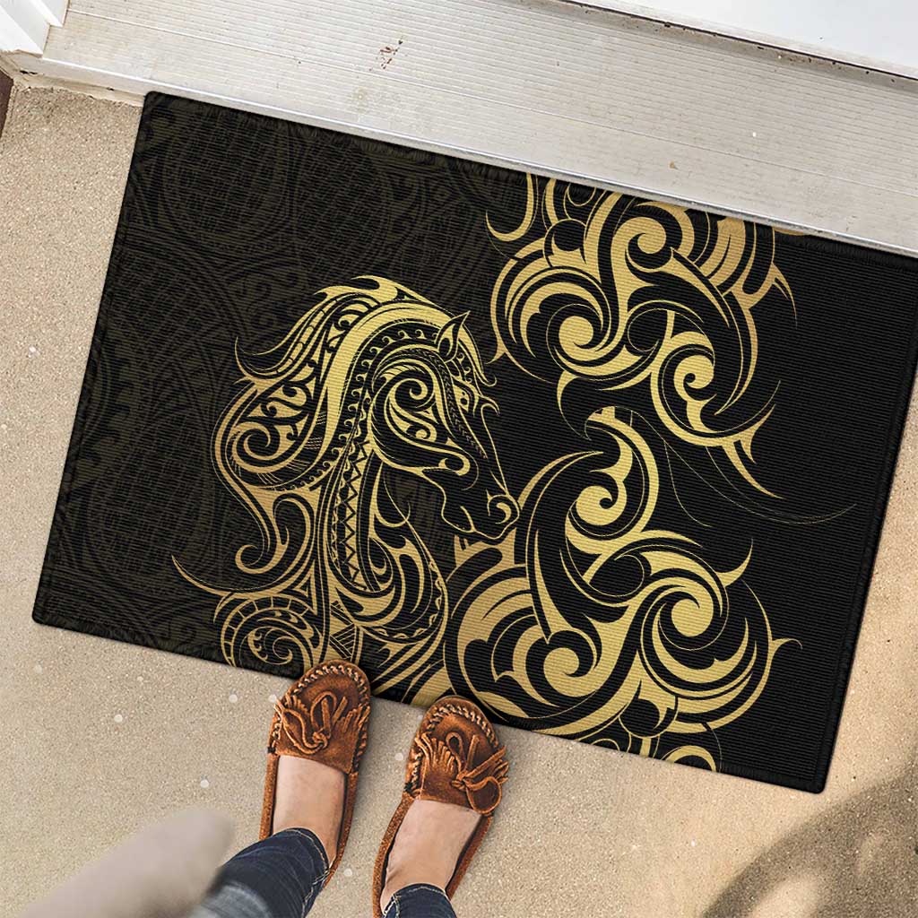 Gold And Black Aoteara Horse Racing Rubber Doormat NZ Maori Pattern