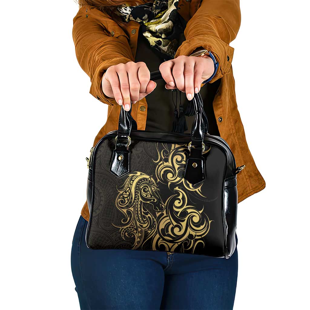 Gold And Black Aoteara Horse Racing Shoulder Handbag NZ Maori Pattern