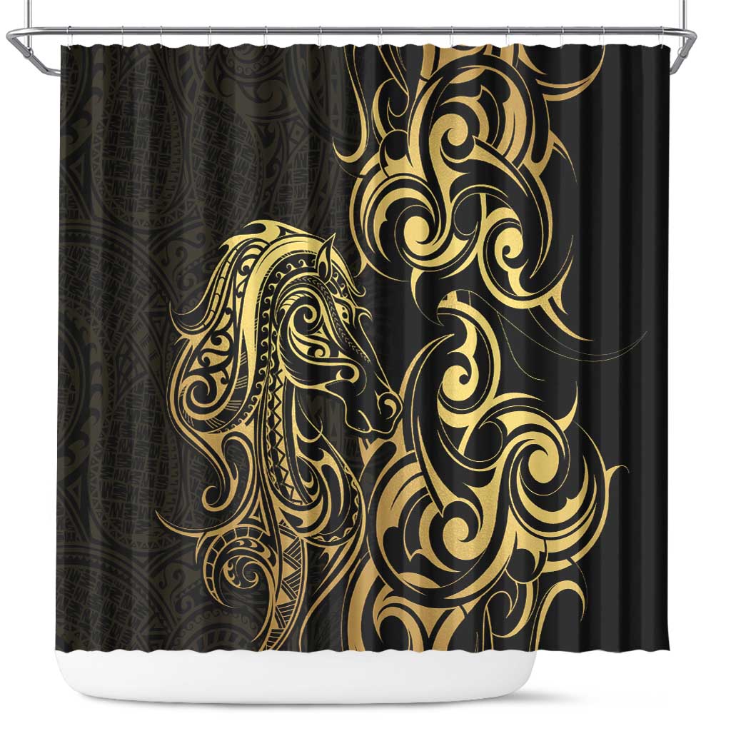 Gold And Black Aoteara Horse Racing Shower Curtain NZ Maori Pattern