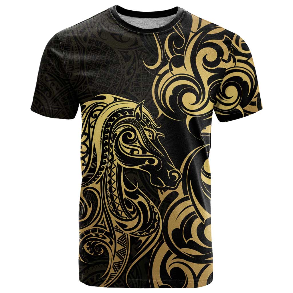 Gold And Black Aoteara Horse Racing T Shirt NZ Maori Pattern