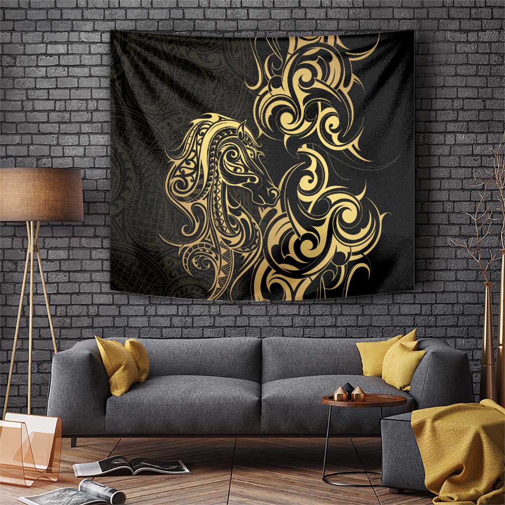 Gold And Black Aoteara Horse Racing Tapestry NZ Maori Pattern