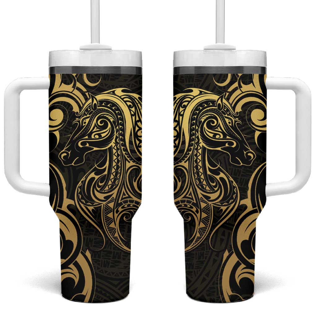 Gold And Black Aoteara Horse Racing Tumbler With Handle NZ Maori Pattern