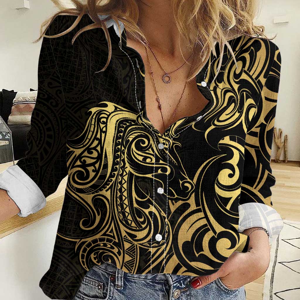 Gold And Black Aotearoa Horse Racing Women Casual Shirt NZ Maori Pattern LT14 Female Black - Polynesian Pride