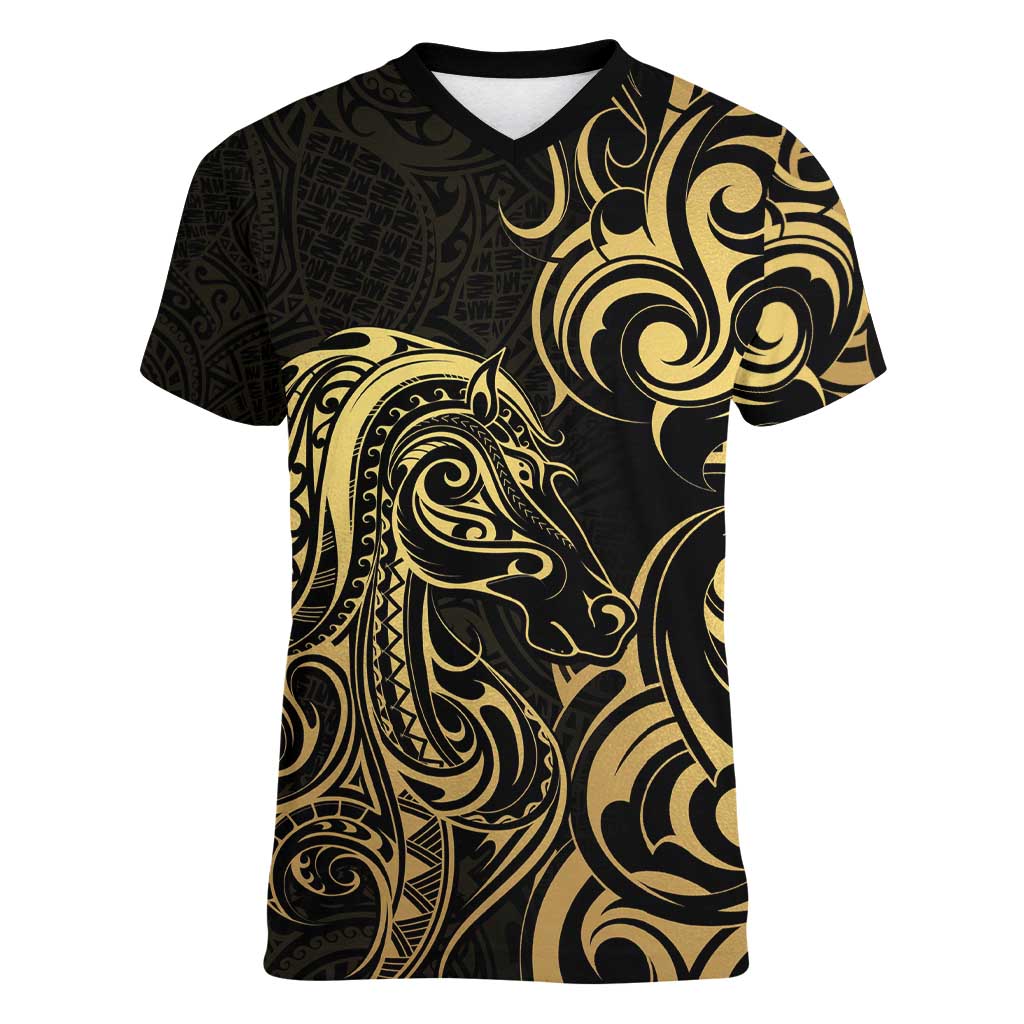 Gold And Black Aotearoa Horse Racing Women V-Neck T-Shirt NZ Maori Pattern LT14 Female Black - Polynesian Pride