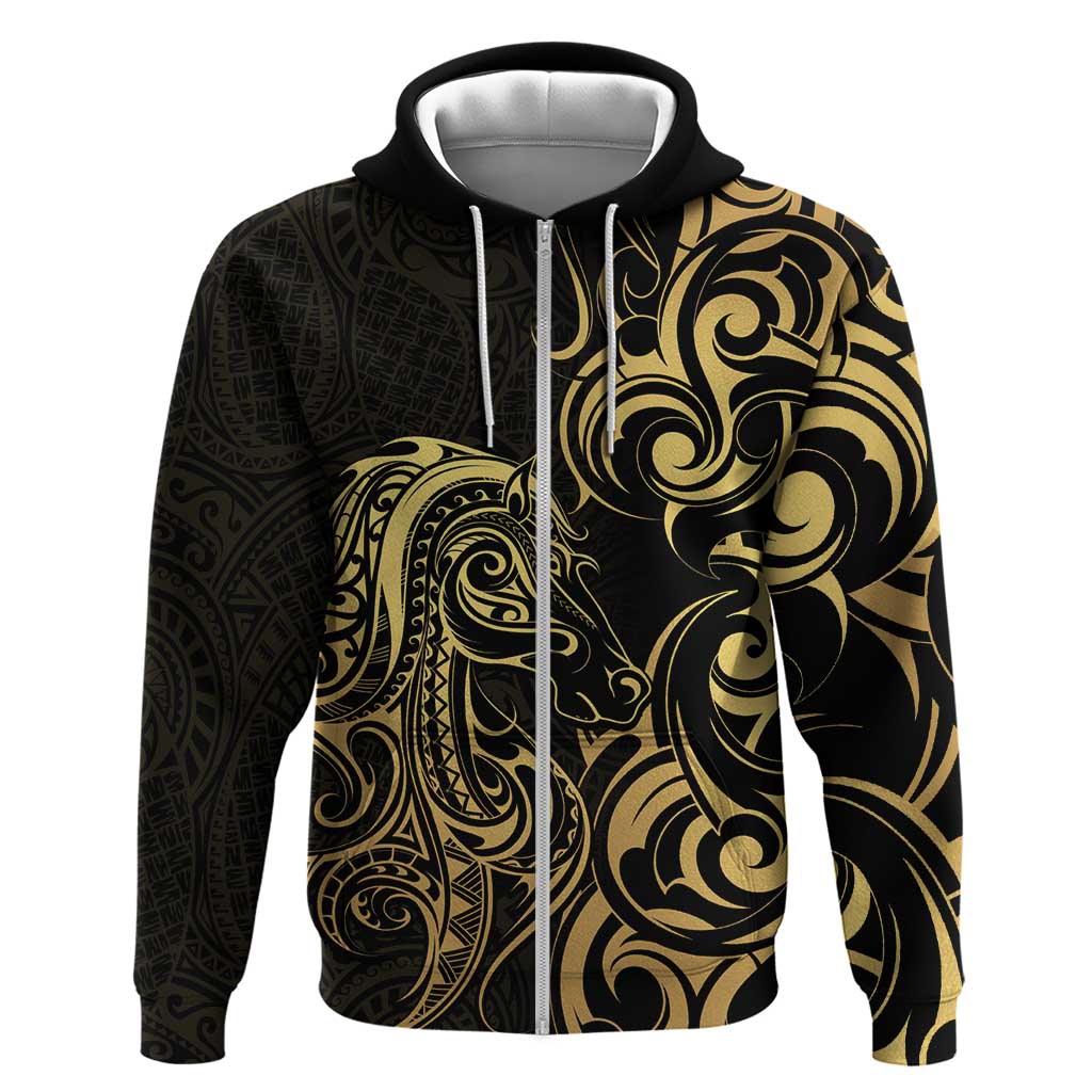 Gold And Black Aoteara Horse Racing Zip Hoodie NZ Maori Pattern
