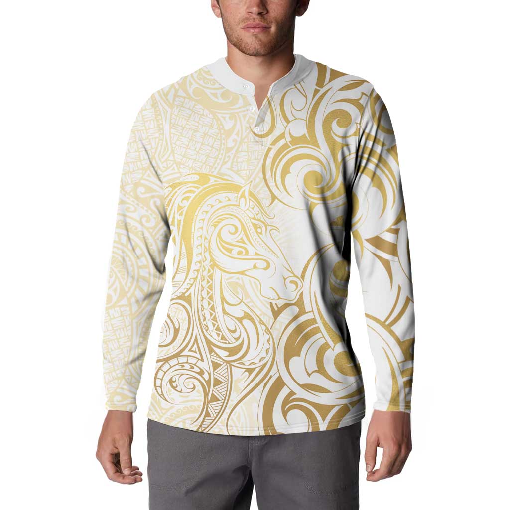 Gold And White Aotearoa Horse Racing Button Sweatshirt NZ Maori Pattern LT14 - Polynesian Pride