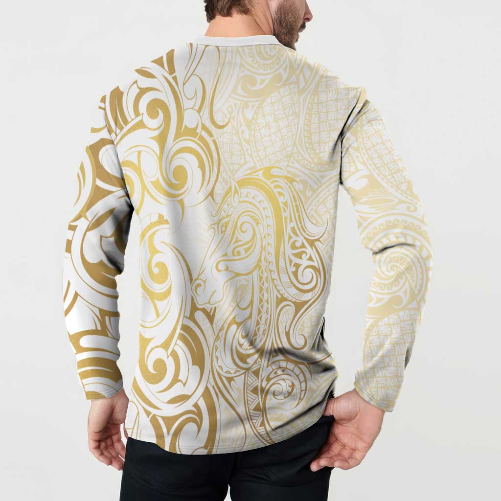Gold And White Aotearoa Horse Racing Button Sweatshirt NZ Maori Pattern LT14 - Polynesian Pride