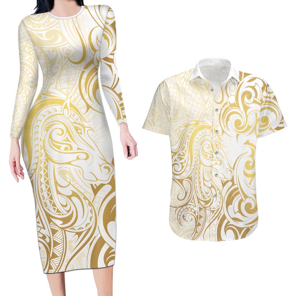 Gold And White Aotearoa Horse Racing Couples Matching Long Sleeve Bodycon Dress and Hawaiian Shirt NZ Maori Pattern LT14 White - Polynesian Pride