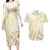 Gold And White Aoteara Horse Racing Couples Matching Long Sleeve Bodycon Dress and Hawaiian Shirt NZ Maori Pattern