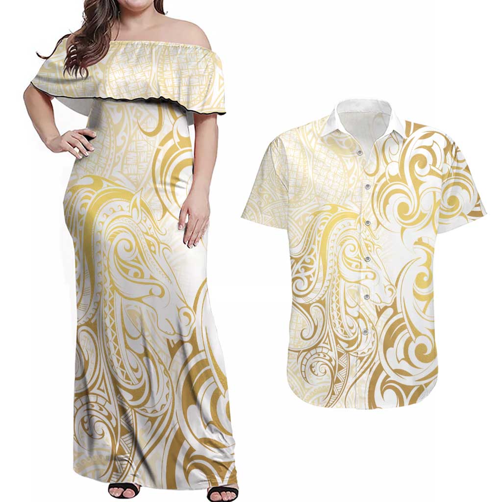 Gold And White Aotearoa Horse Racing Couples Matching Off Shoulder Maxi Dress and Hawaiian Shirt NZ Maori Pattern LT14 White - Polynesian Pride