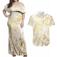 Gold And White Aotearoa Horse Racing Couples Matching Off Shoulder Maxi Dress and Hawaiian Shirt NZ Maori Pattern LT14 White - Polynesian Pride
