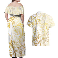 Gold And White Aotearoa Horse Racing Couples Matching Off Shoulder Maxi Dress and Hawaiian Shirt NZ Maori Pattern LT14 - Polynesian Pride