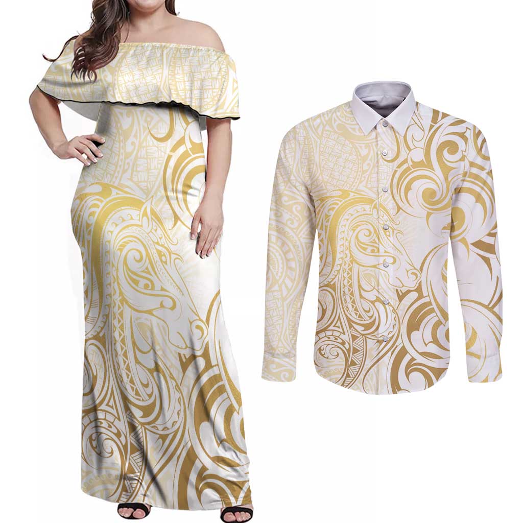 Gold And White Aoteara Horse Racing Couples Matching Off Shoulder Maxi Dress and Long Sleeve Button Shirt NZ Maori Pattern