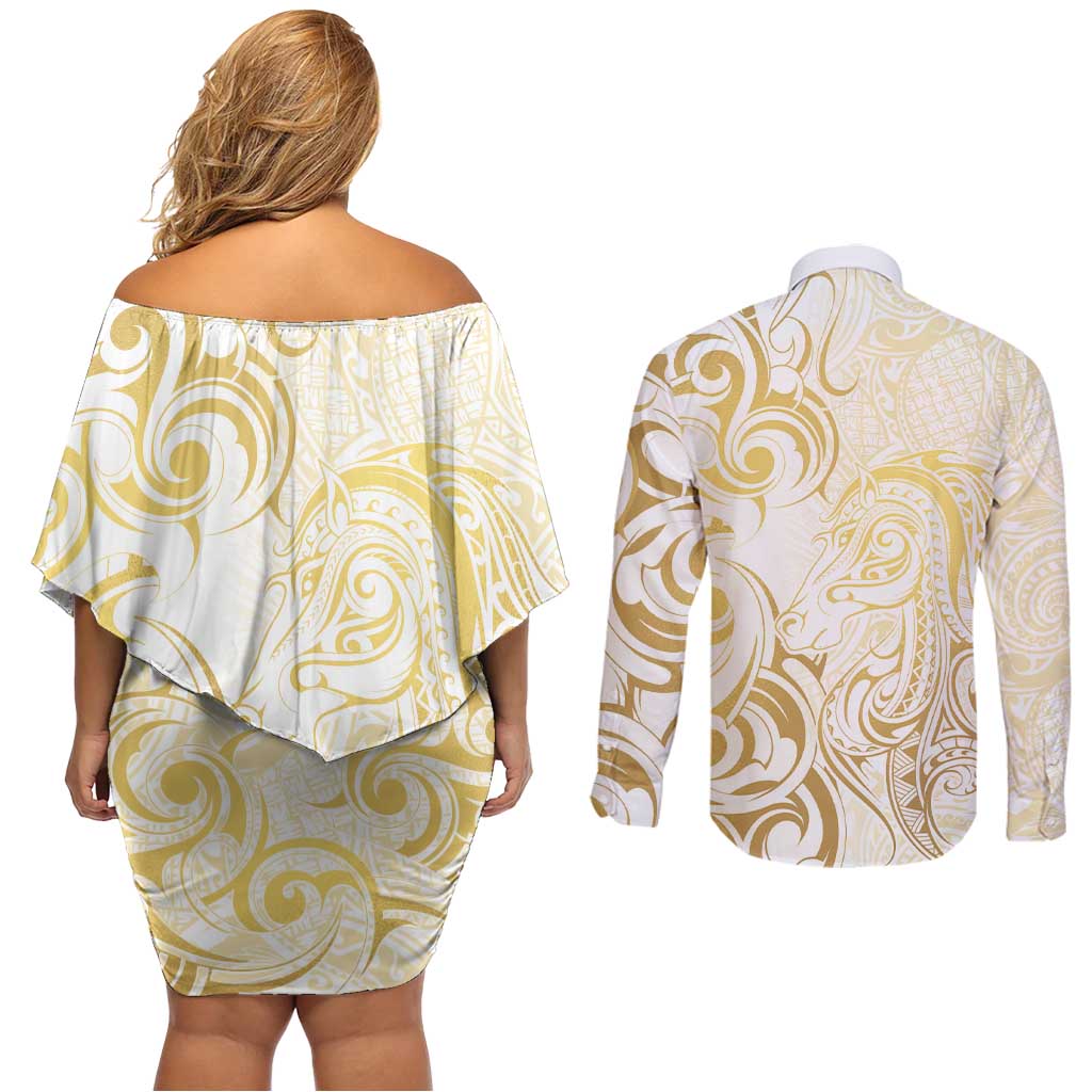 Gold And White Aoteara Horse Racing Couples Matching Off Shoulder Short Dress and Long Sleeve Button Shirt NZ Maori Pattern