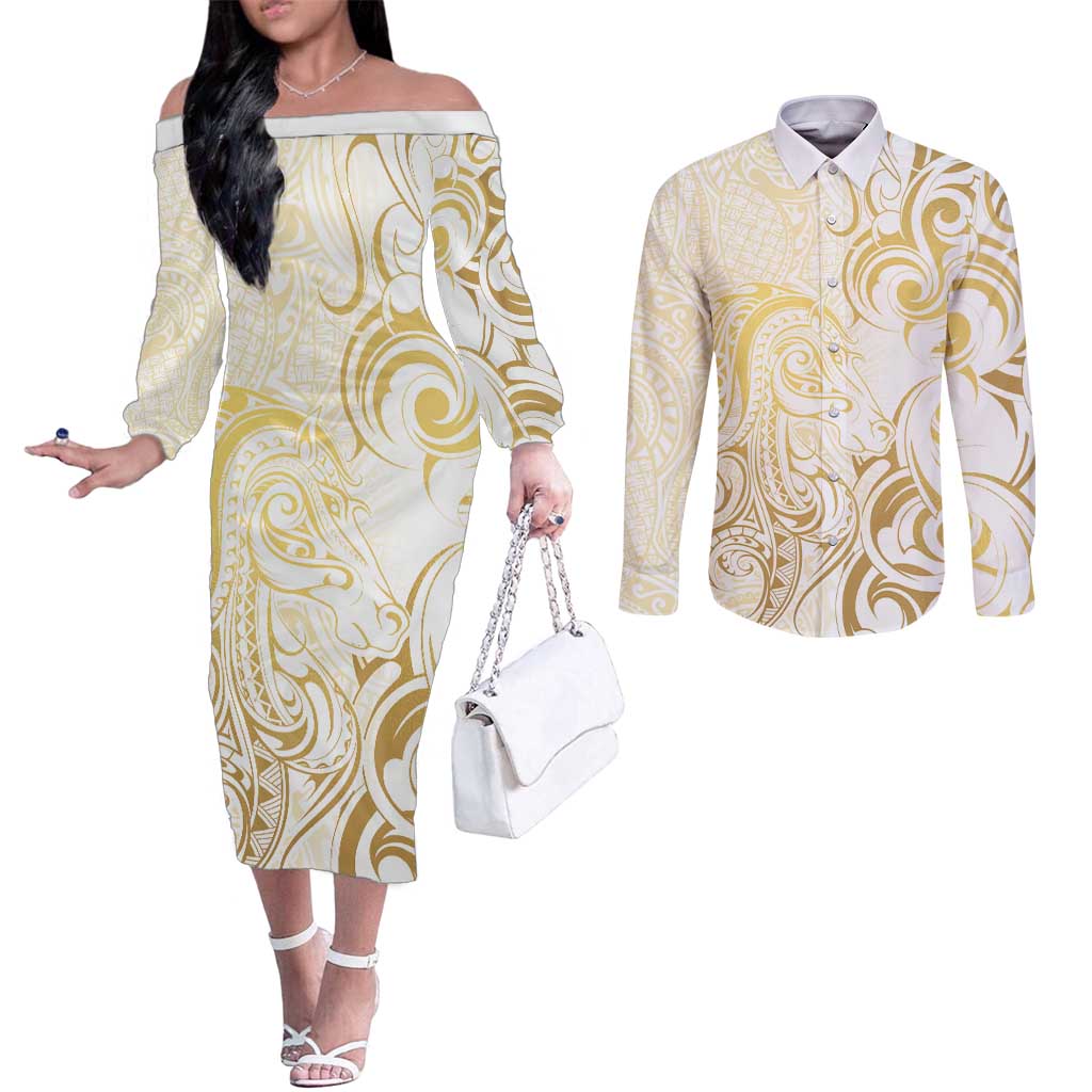 Gold And White Aoteara Horse Racing Couples Matching Off The Shoulder Long Sleeve Dress and Long Sleeve Button Shirt NZ Maori Pattern