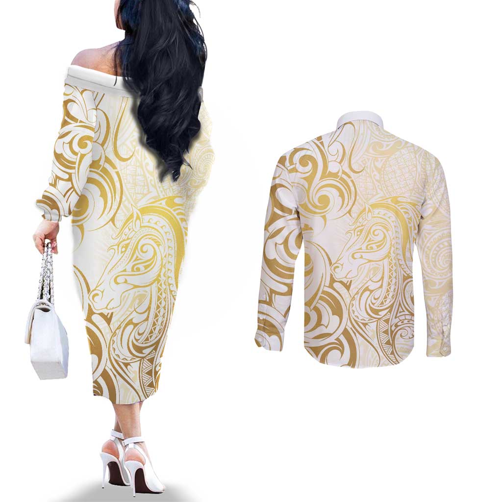 Gold And White Aoteara Horse Racing Couples Matching Off The Shoulder Long Sleeve Dress and Long Sleeve Button Shirt NZ Maori Pattern