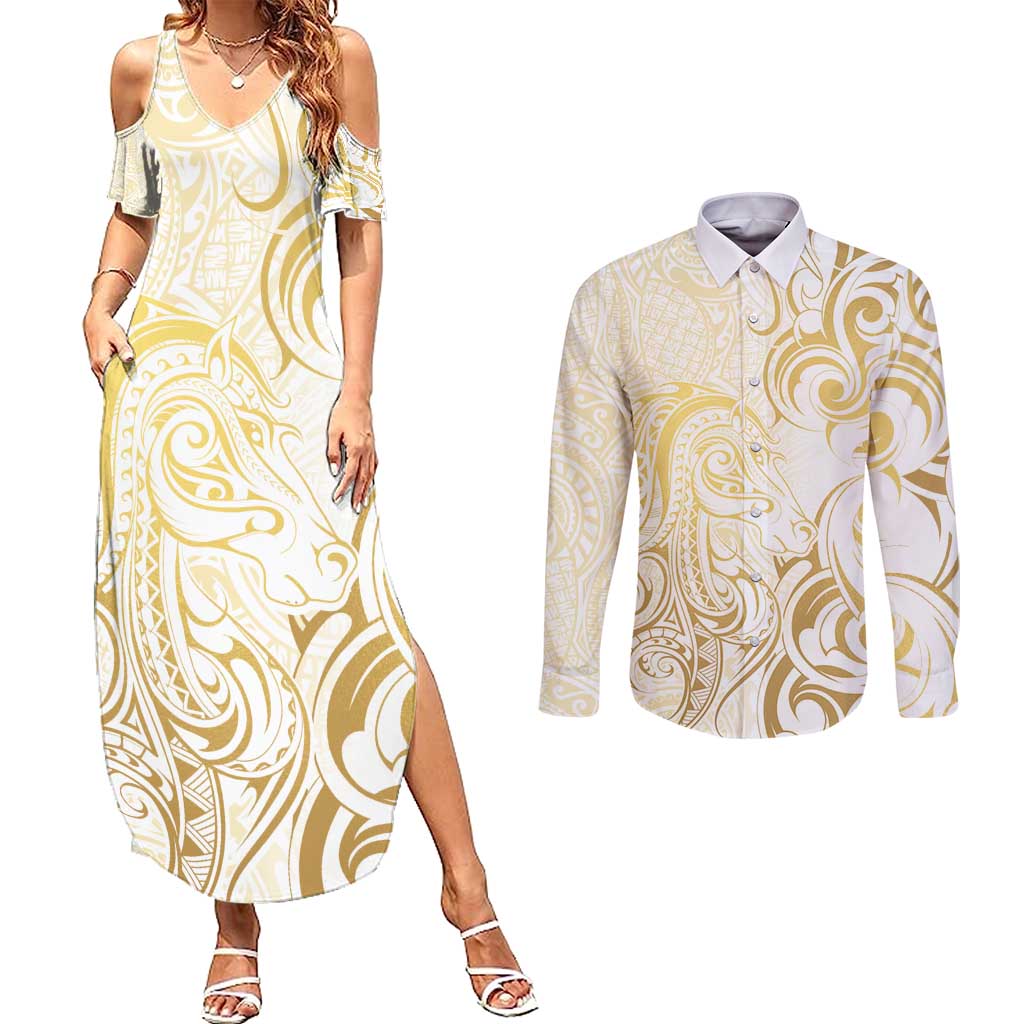 Gold And White Aoteara Horse Racing Couples Matching Summer Maxi Dress and Long Sleeve Button Shirt NZ Maori Pattern