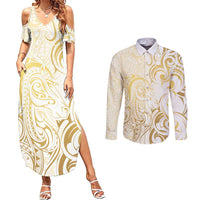 Gold And White Aoteara Horse Racing Couples Matching Summer Maxi Dress and Long Sleeve Button Shirt NZ Maori Pattern