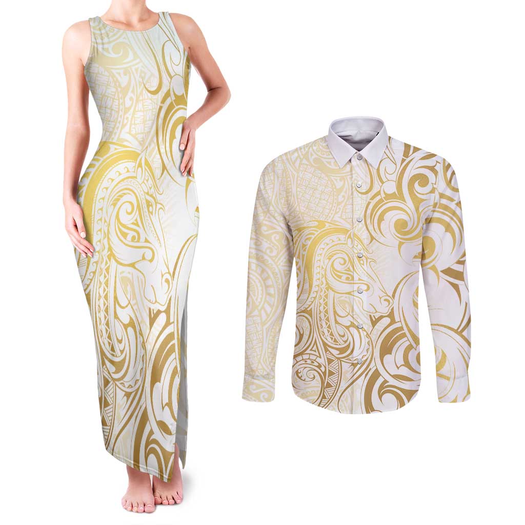 Gold And White Aoteara Horse Racing Couples Matching Tank Maxi Dress and Long Sleeve Button Shirt NZ Maori Pattern