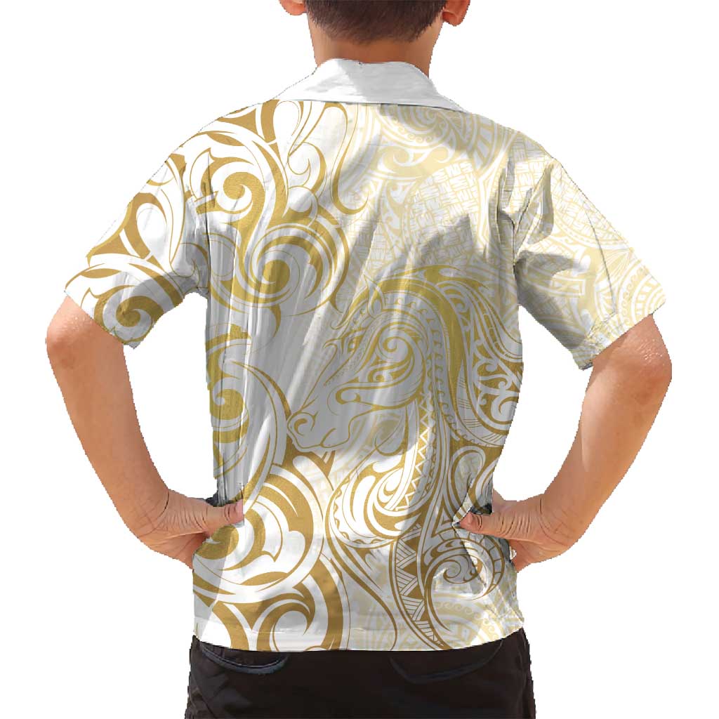 Gold And White Aotearoa Horse Racing Family Matching Off Shoulder Maxi Dress and Hawaiian Shirt NZ Maori Pattern LT14 - Polynesian Pride