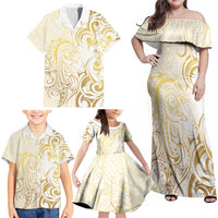 Gold And White Aotearoa Horse Racing Family Matching Off Shoulder Maxi Dress and Hawaiian Shirt NZ Maori Pattern LT14 - Polynesian Pride