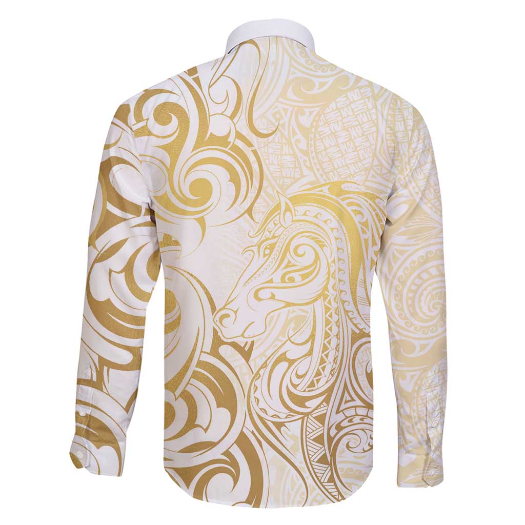 Gold And White Aotearoa Horse Racing Family Matching Off Shoulder Maxi Dress and Hawaiian Shirt NZ Maori Pattern LT14 - Polynesian Pride