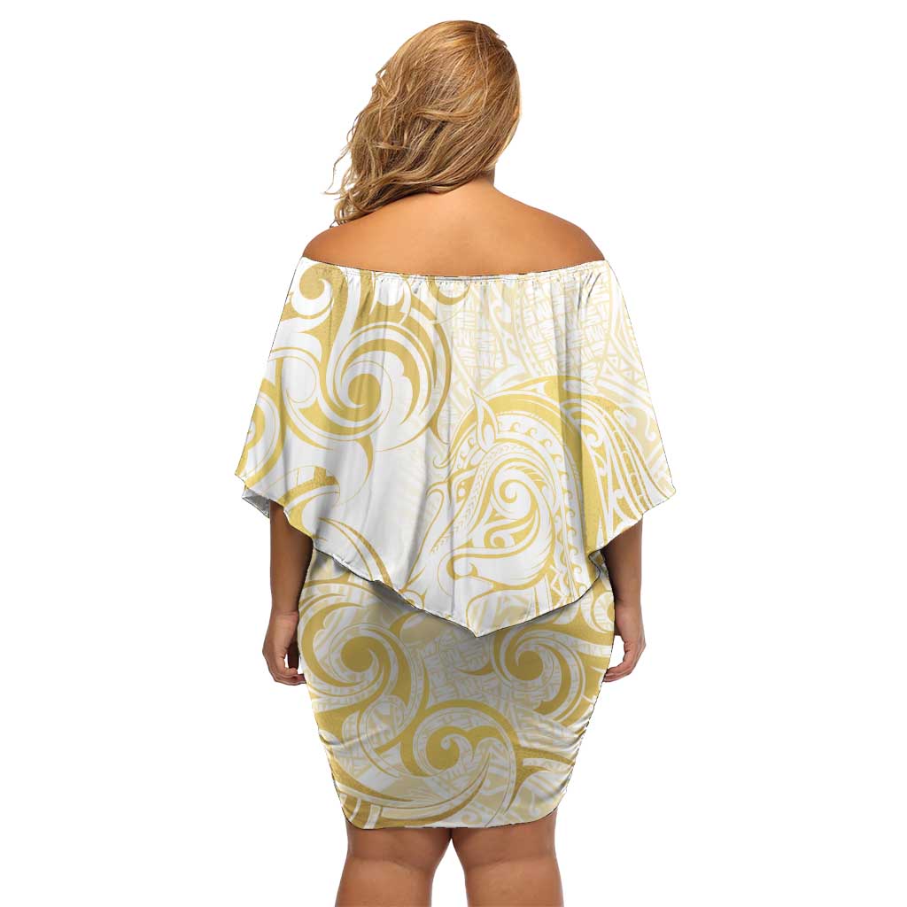 Gold And White Aotearoa Horse Racing Family Matching Off Shoulder Short Dress and Hawaiian Shirt NZ Maori Pattern LT14 - Polynesian Pride