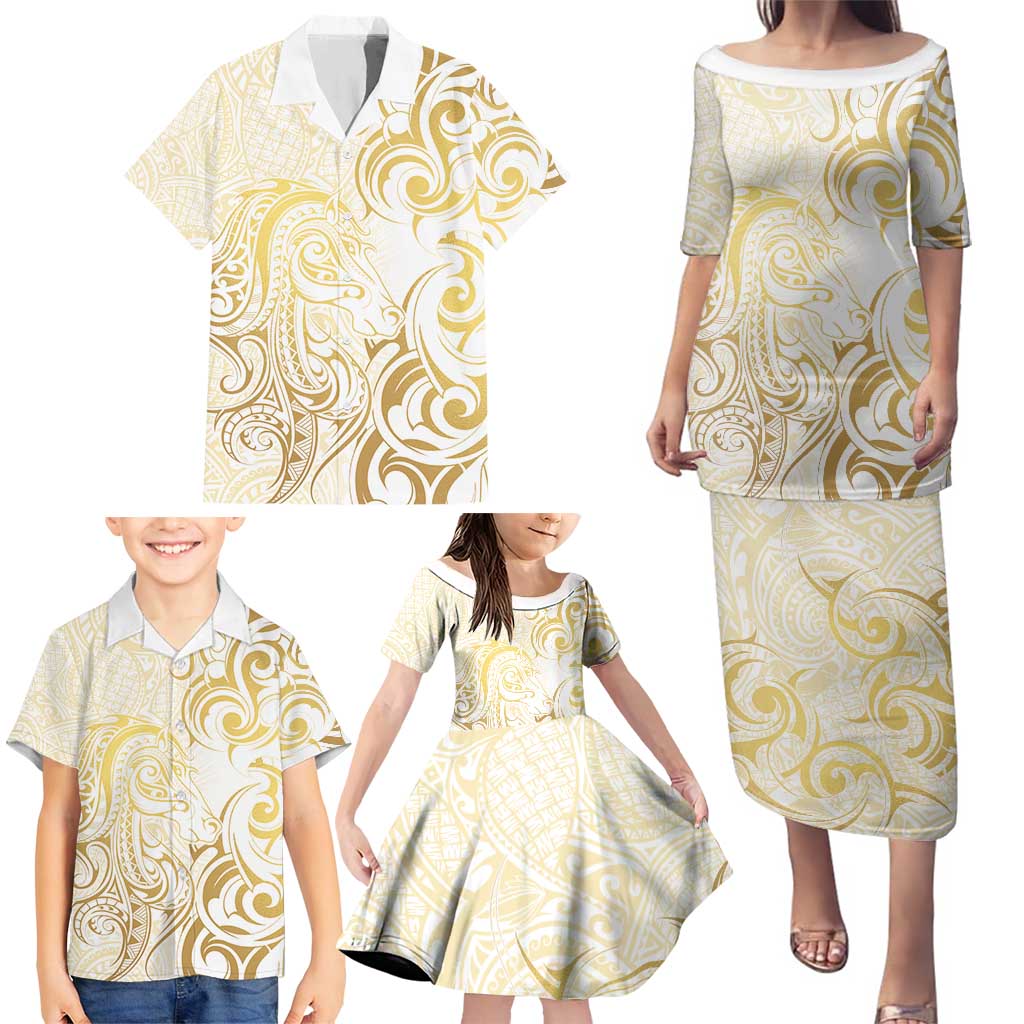 Gold And White Aotearoa Horse Racing Family Matching Puletasi and Hawaiian Shirt NZ Maori Pattern LT14 - Polynesian Pride