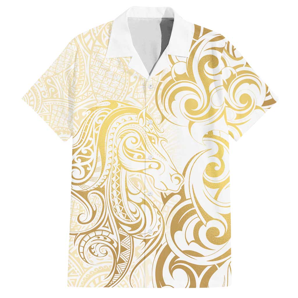 Gold And White Aotearoa Horse Racing Family Matching Puletasi and Hawaiian Shirt NZ Maori Pattern LT14 Dad's Shirt - Short Sleeve White - Polynesian Pride