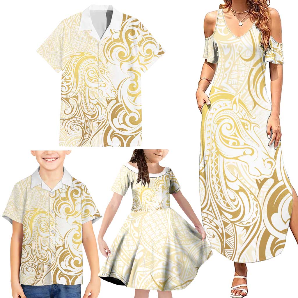Gold And White Aotearoa Horse Racing Family Matching Summer Maxi Dress and Hawaiian Shirt NZ Maori Pattern LT14 - Polynesian Pride
