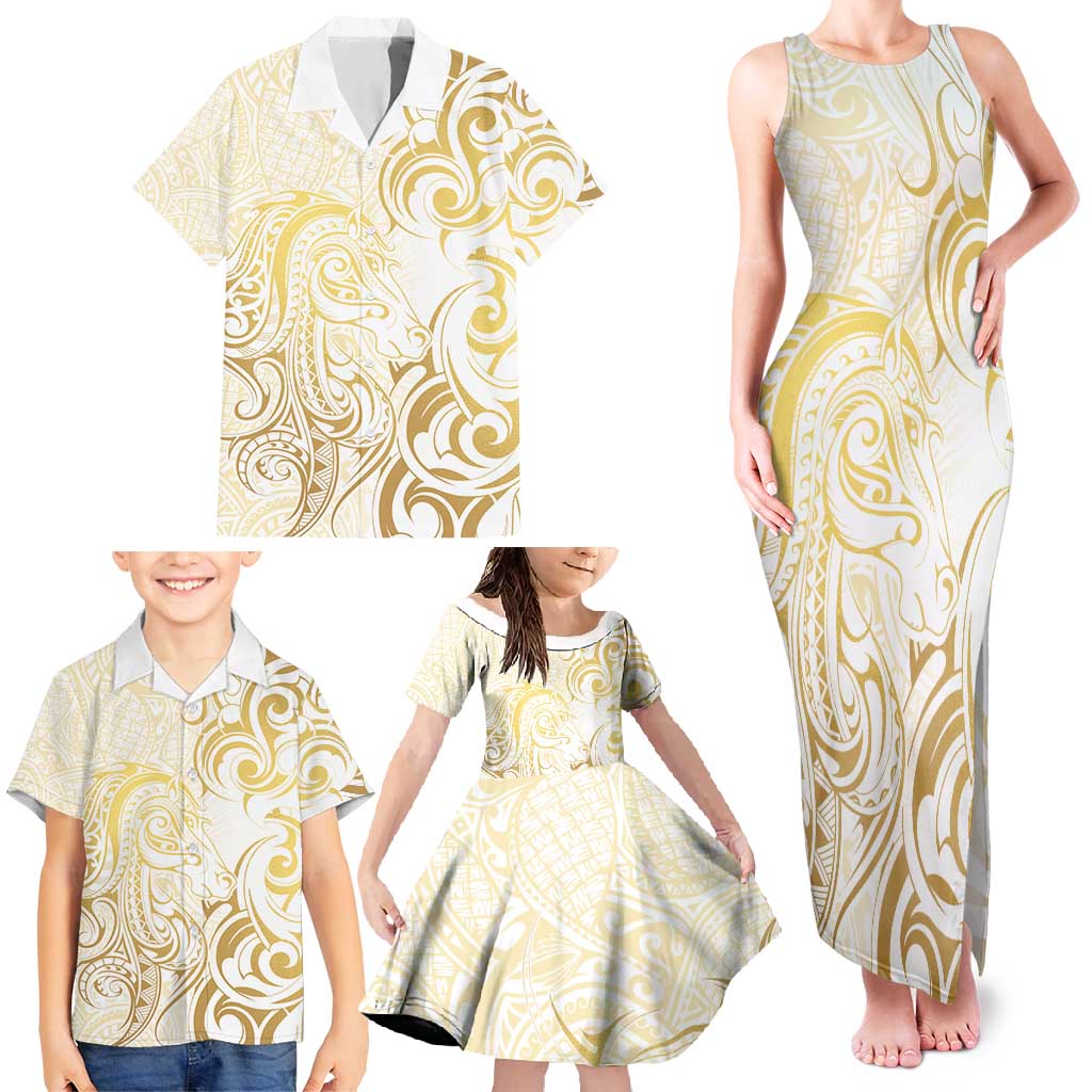 Gold And White Aotearoa Horse Racing Family Matching Tank Maxi Dress and Hawaiian Shirt NZ Maori Pattern LT14 - Polynesian Pride