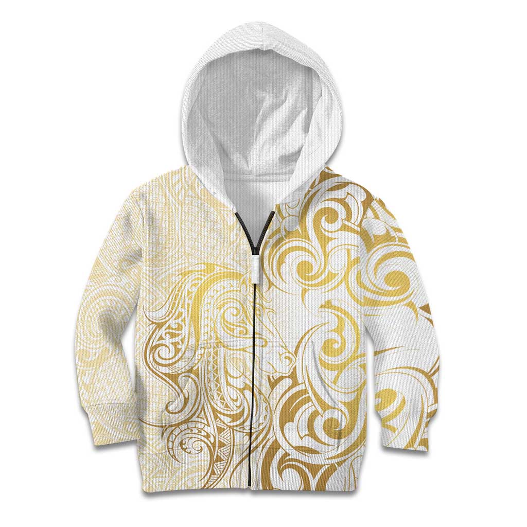 Gold And White Aoteara Horse Racing Kid Hoodie NZ Maori Pattern
