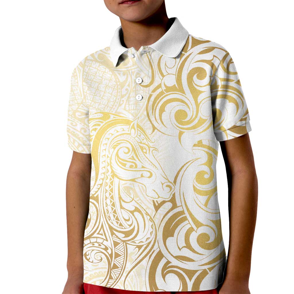 Gold And White Aotearoa Horse Racing Kid Polo Shirt NZ Maori Pattern LT14 Kid White - Polynesian Pride