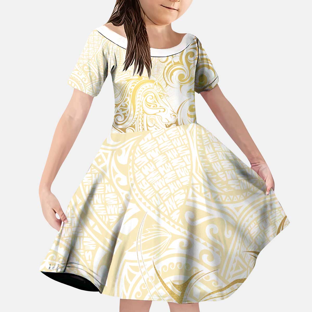 Gold And White Aotearoa Horse Racing Kid Short Sleeve Dress NZ Maori Pattern LT14 KID White - Polynesian Pride