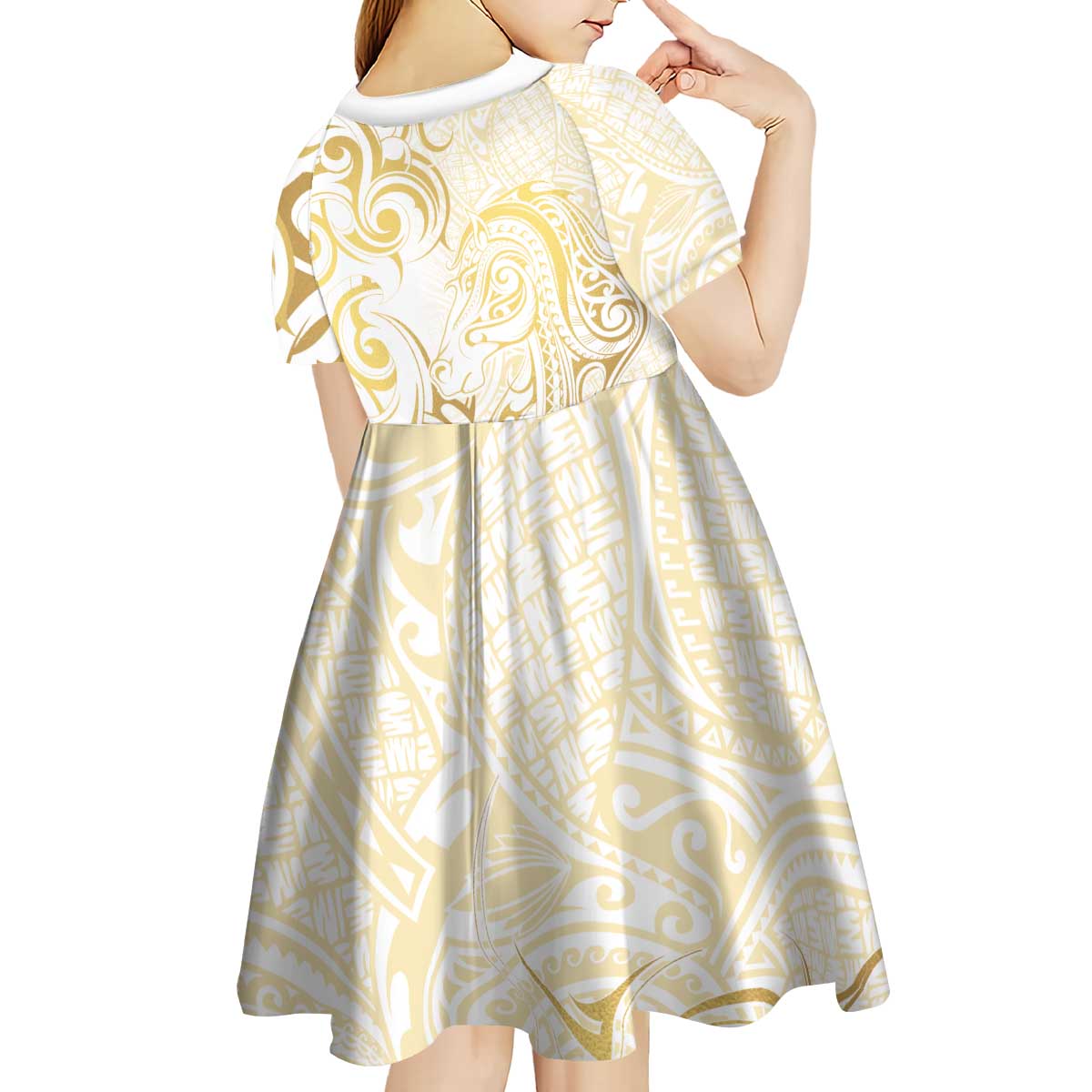 Gold And White Aotearoa Horse Racing Kid Short Sleeve Dress NZ Maori Pattern LT14 - Polynesian Pride