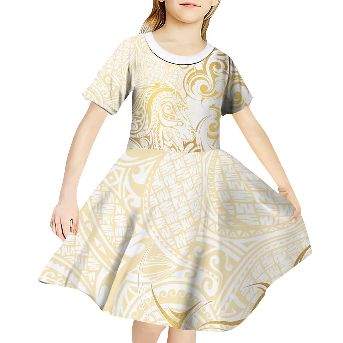 Gold And White Aotearoa Horse Racing Kid Short Sleeve Dress NZ Maori Pattern LT14 - Polynesian Pride