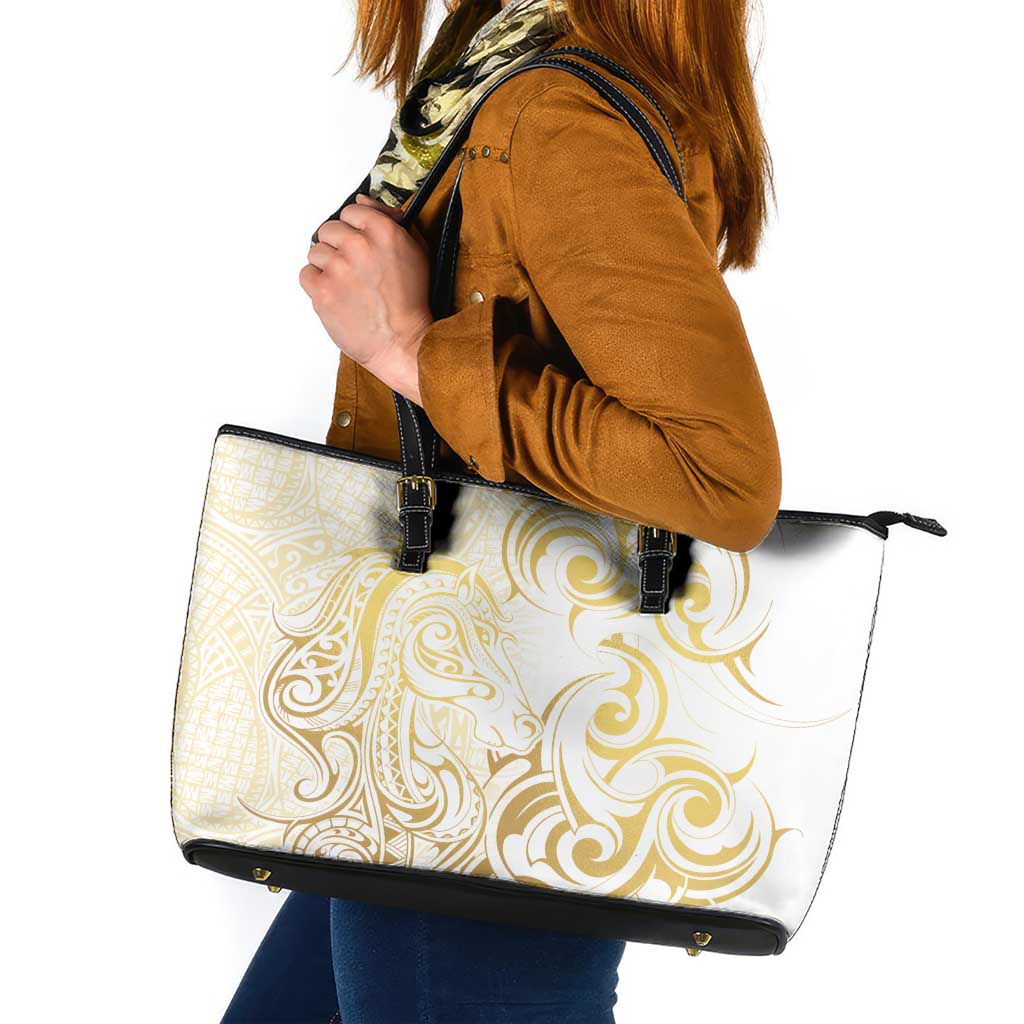 Gold And White Aotearoa Horse Racing Leather Tote Bag NZ Maori Pattern LT14 White - Polynesian Pride