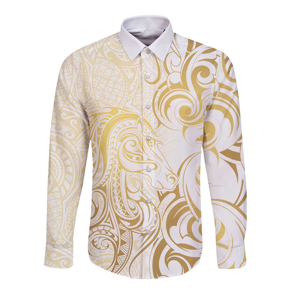 Gold And White Aotearoa Horse Racing Long Sleeve Button Shirt NZ Maori Pattern LT14 Unisex White - Polynesian Pride