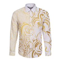 Gold And White Aotearoa Horse Racing Long Sleeve Button Shirt NZ Maori Pattern LT14 Unisex White - Polynesian Pride
