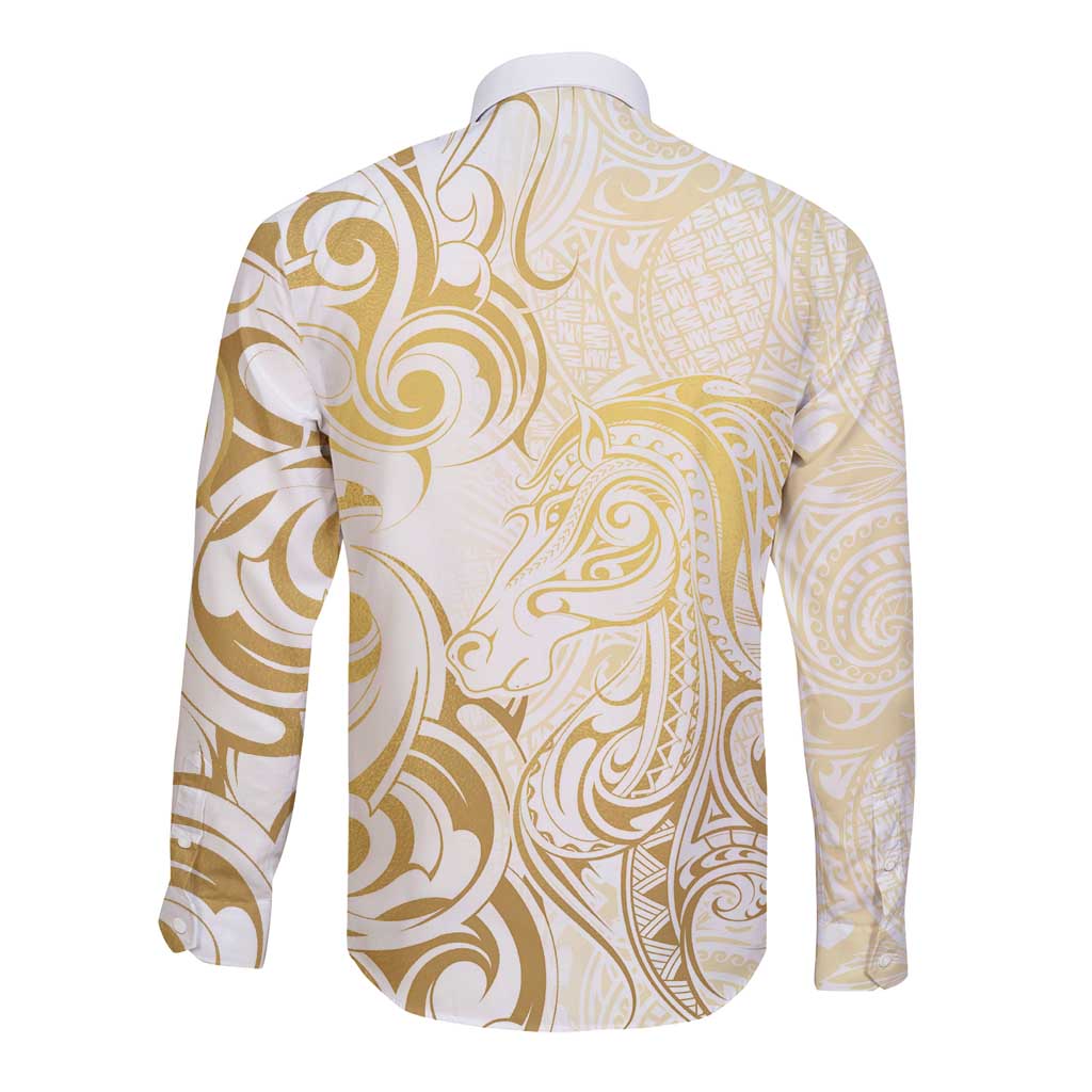 Gold And White Aotearoa Horse Racing Long Sleeve Button Shirt NZ Maori Pattern LT14 - Polynesian Pride