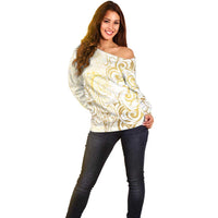 Gold And White Aoteara Horse Racing Off Shoulder Sweater NZ Maori Pattern