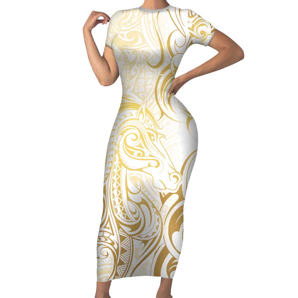 Gold And White Aoteara Horse Racing Short Sleeve Bodycon Dress NZ Maori Pattern