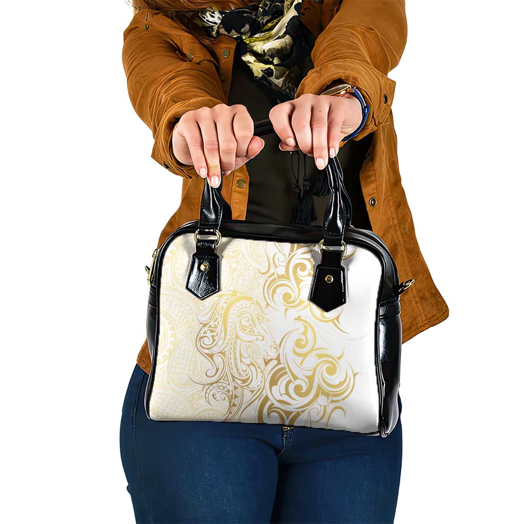 Gold And White Aoteara Horse Racing Shoulder Handbag NZ Maori Pattern