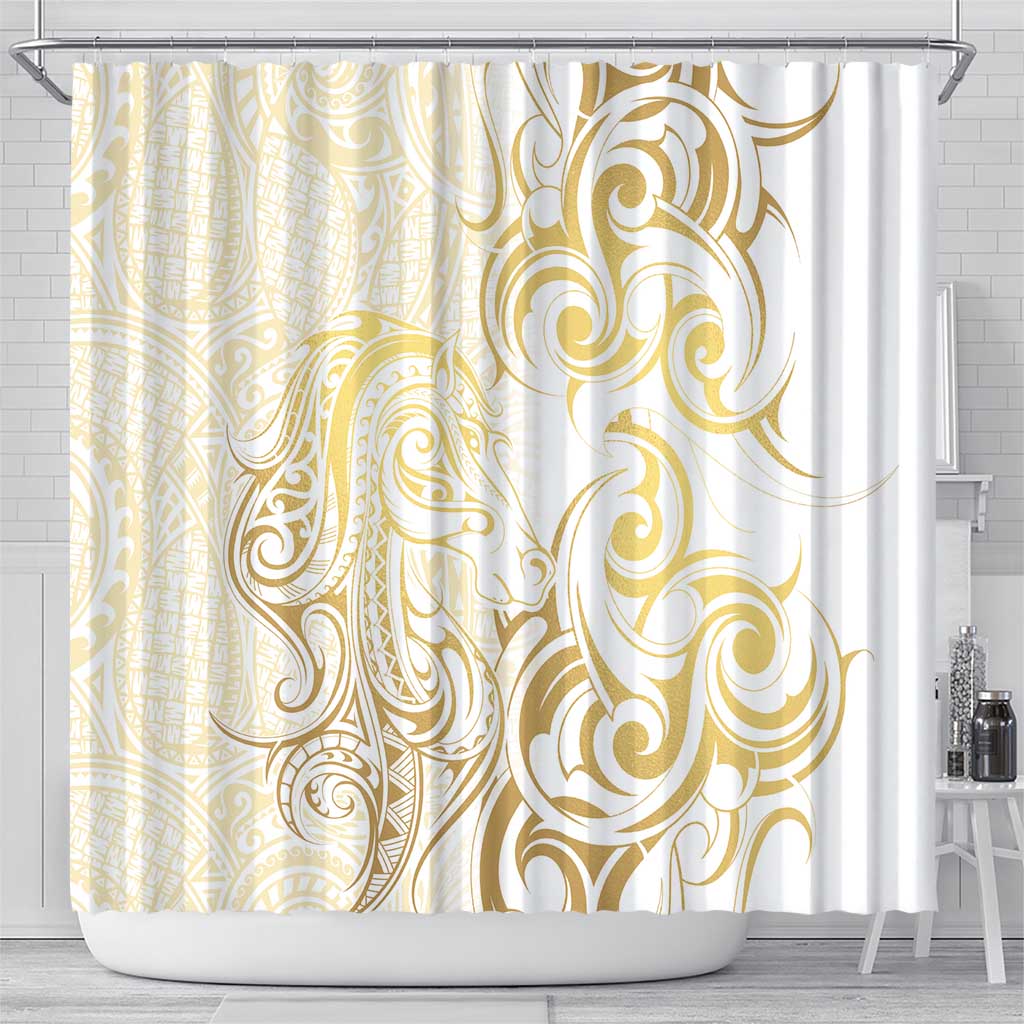 Gold And White Aotearoa Horse Racing Shower Curtain NZ Maori Pattern LT14 - Polynesian Pride