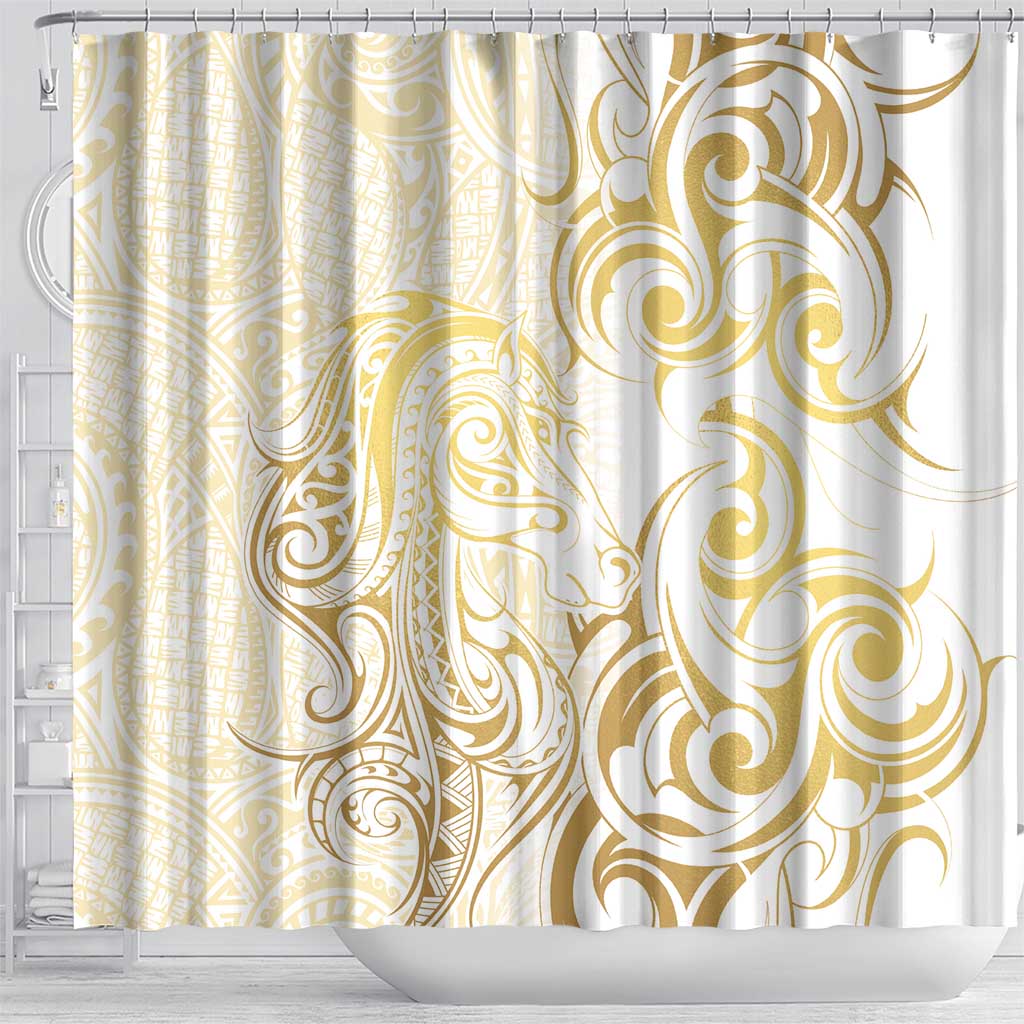 Gold And White Aotearoa Horse Racing Shower Curtain NZ Maori Pattern LT14 - Polynesian Pride