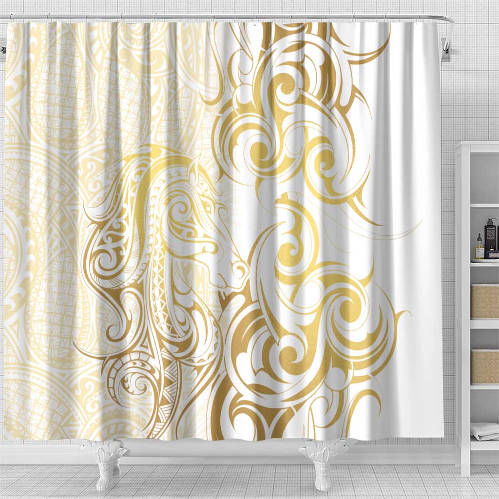Gold And White Aotearoa Horse Racing Shower Curtain NZ Maori Pattern LT14 - Polynesian Pride