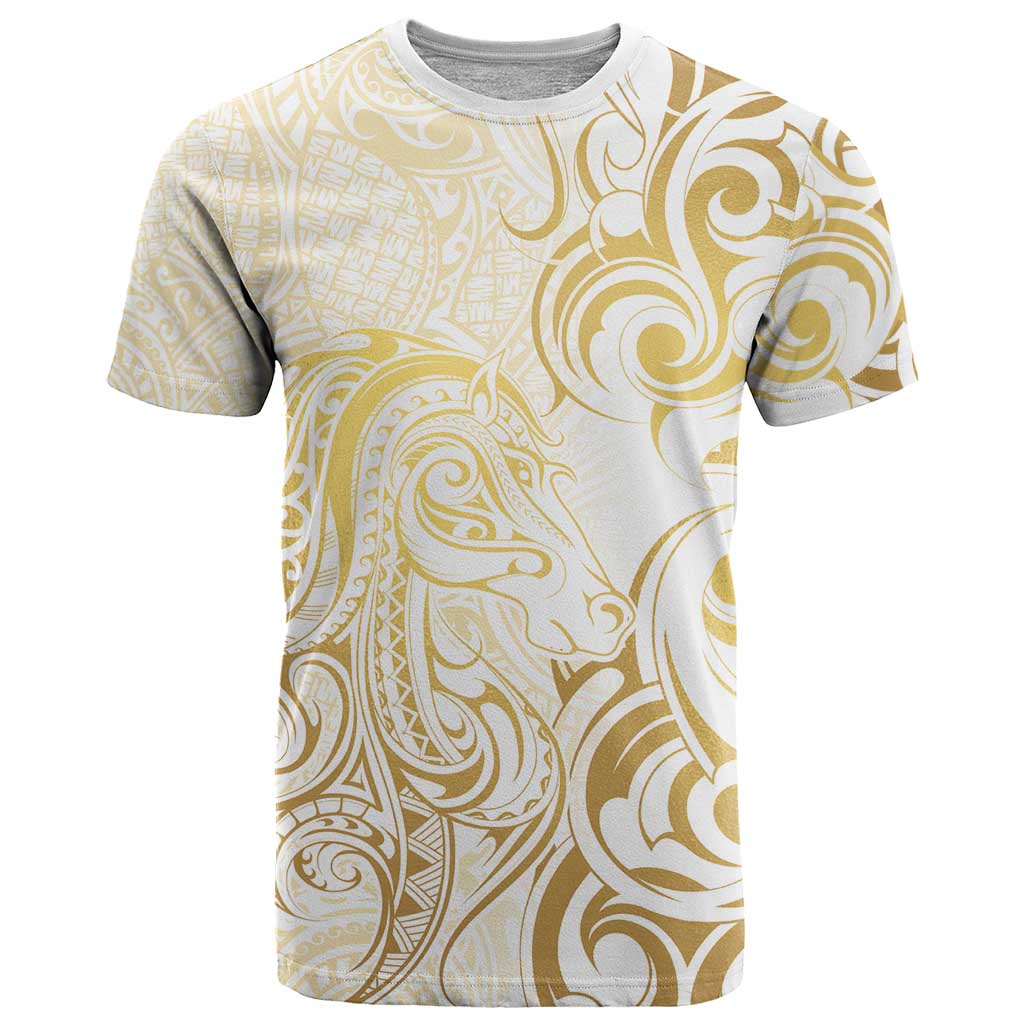 Gold And White Aoteara Horse Racing T Shirt NZ Maori Pattern