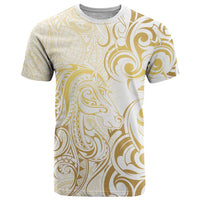 Gold And White Aotearoa Horse Racing T Shirt NZ Maori Pattern LT14 White - Polynesian Pride