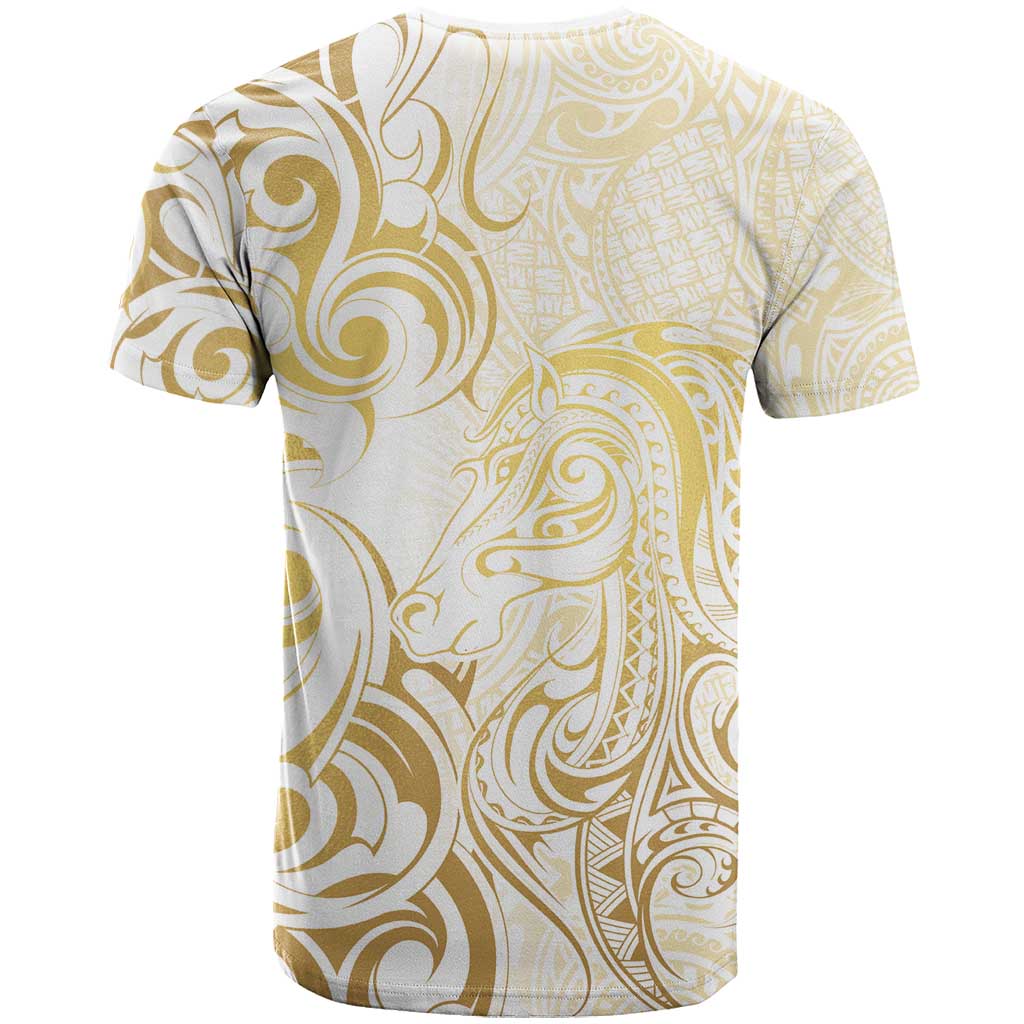 Gold And White Aotearoa Horse Racing T Shirt NZ Maori Pattern LT14 - Polynesian Pride