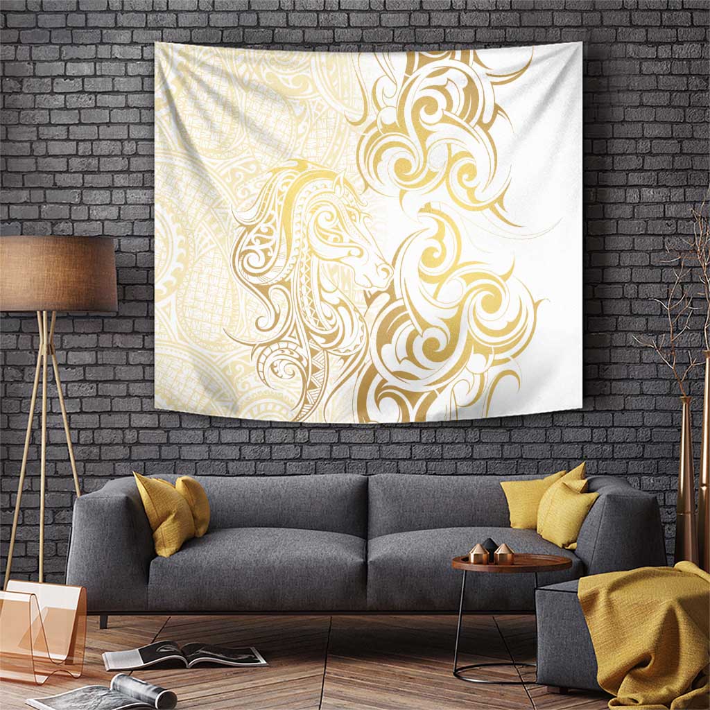 Gold And White Aoteara Horse Racing Tapestry NZ Maori Pattern